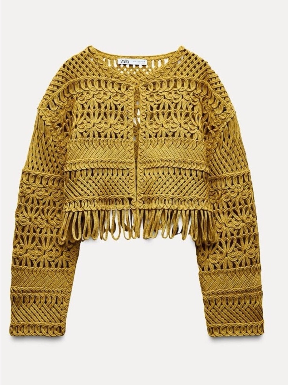 Zara Macrame Heavy Cotton Open Front Crop Jacket